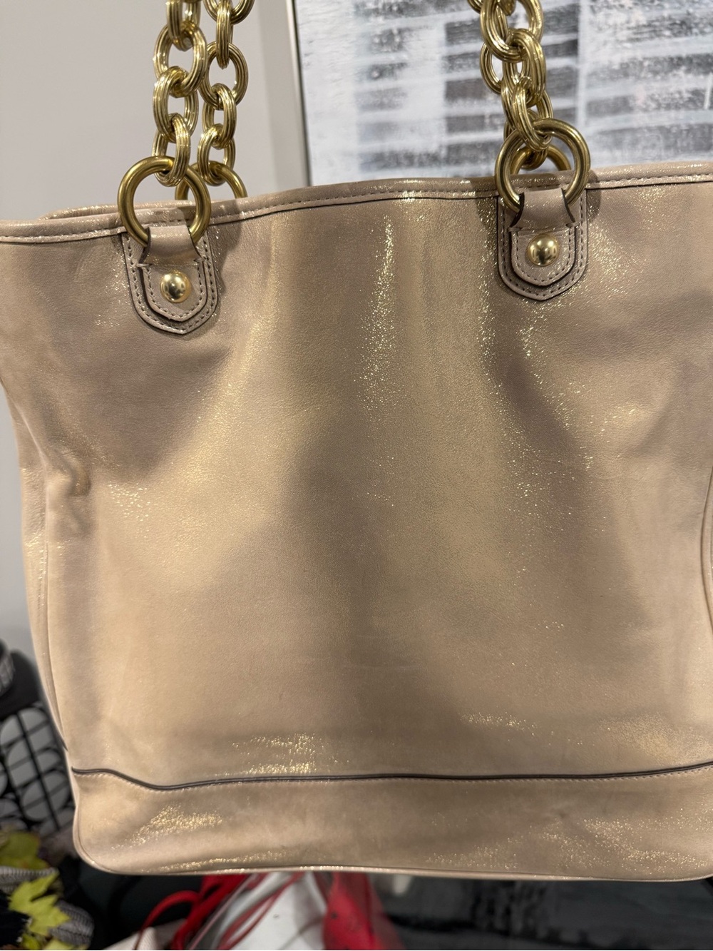 Coach Shimmery Champagne Leather Shoulder Bag with Gold Chain Straps - Picture 5 of 11